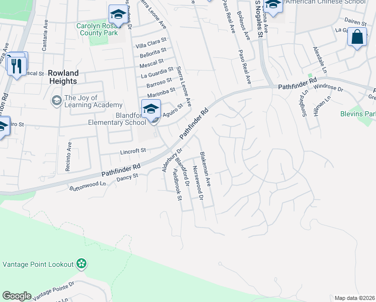 map of restaurants, bars, coffee shops, grocery stores, and more near 18747 Fieldbrook Street in Rowland Heights