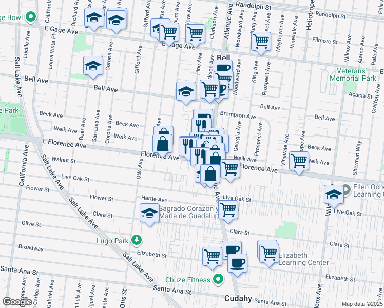 map of restaurants, bars, coffee shops, grocery stores, and more near 4559 Pine Avenue in Bell