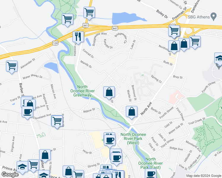 map of restaurants, bars, coffee shops, grocery stores, and more near 125 Artisan Place in Athens