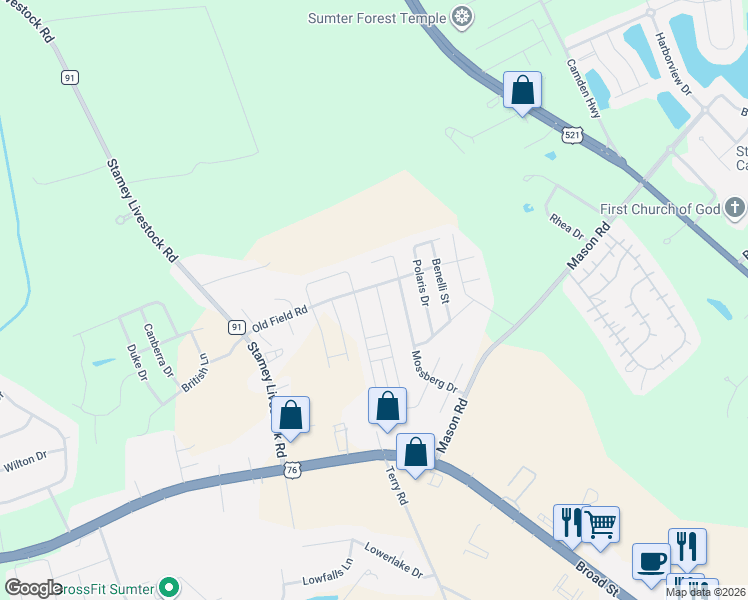 map of restaurants, bars, coffee shops, grocery stores, and more near 1760 Musket Trail in Sumter