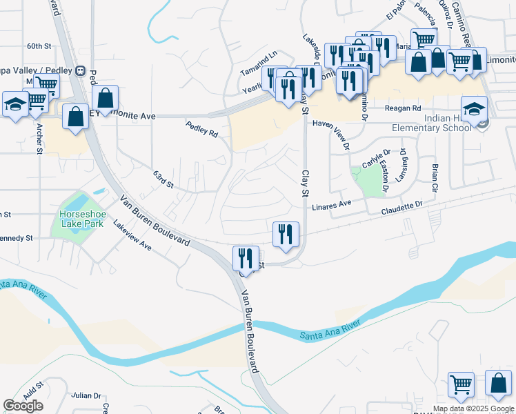 map of restaurants, bars, coffee shops, grocery stores, and more near 6501 Clay St in Riverside