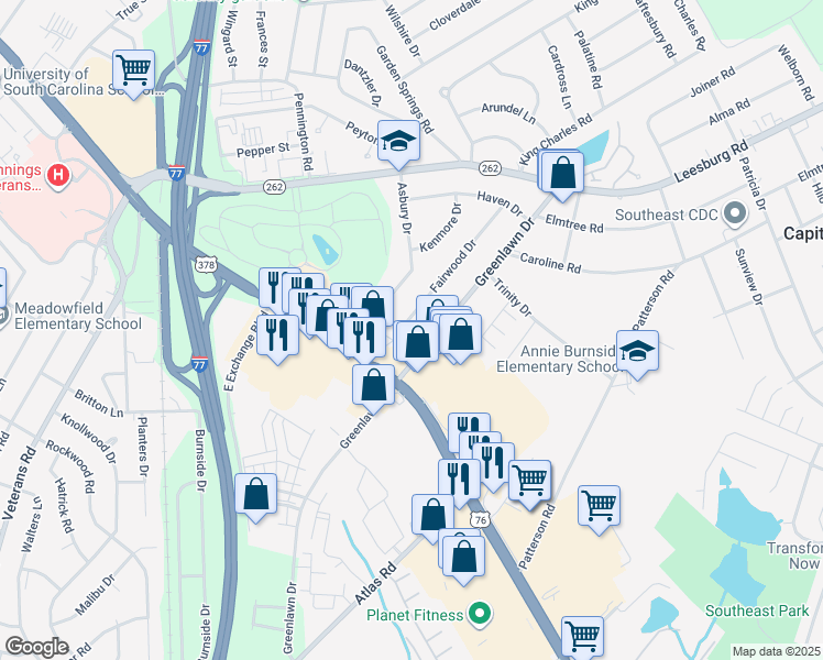 map of restaurants, bars, coffee shops, grocery stores, and more near 795 Greenlawn Drive in Columbia