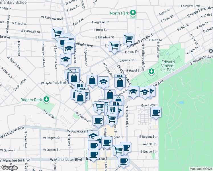 map of restaurants, bars, coffee shops, grocery stores, and more near 323 Warren Lane in Inglewood