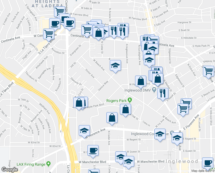 map of restaurants, bars, coffee shops, grocery stores, and more near 531 West Hyde Park Boulevard in Inglewood