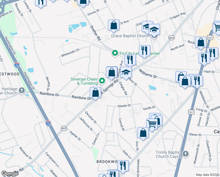 map of restaurants, bars, coffee shops, grocery stores, and more near 806 Knapp Street in West Columbia