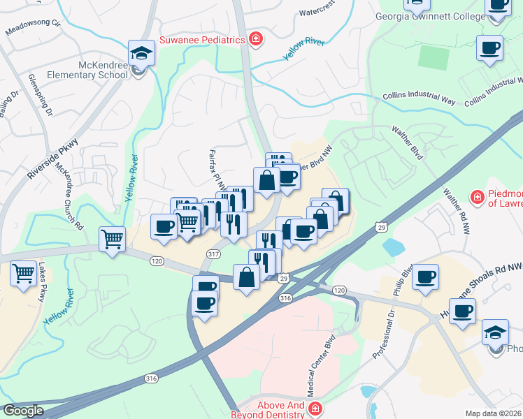 map of restaurants, bars, coffee shops, grocery stores, and more near 850 Lawrence Suwanee Rd in Lawrenceville