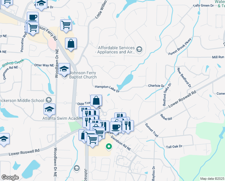 map of restaurants, bars, coffee shops, grocery stores, and more near 4920 Hampton Lake Drive in Marietta