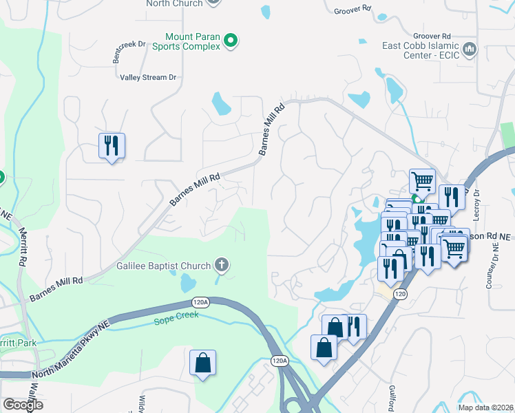 map of restaurants, bars, coffee shops, grocery stores, and more near 779 Oak Trail Drive in Marietta