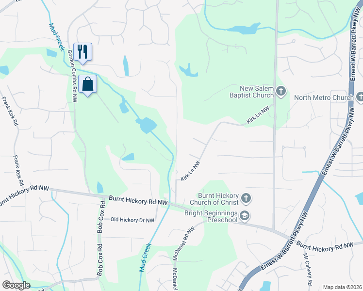 map of restaurants, bars, coffee shops, grocery stores, and more near 668 Tarpley Road Northwest in Kennesaw