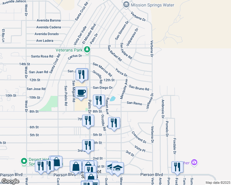 map of restaurants, bars, coffee shops, grocery stores, and more near 66709 Pinto Way in Desert Hot Springs