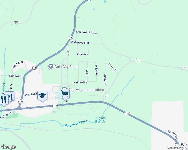 map of restaurants, bars, coffee shops, grocery stores, and more near 255 Miles Road in Guin