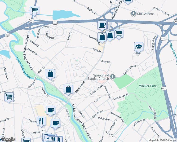map of restaurants, bars, coffee shops, grocery stores, and more near 217 North Avenue in Athens