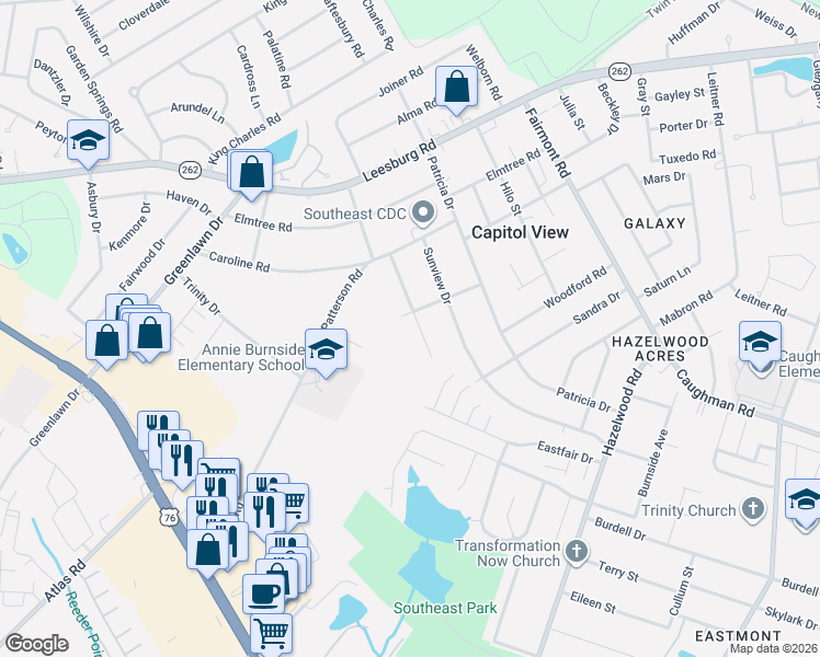 map of restaurants, bars, coffee shops, grocery stores, and more near 7253 Holloway Road in Columbia