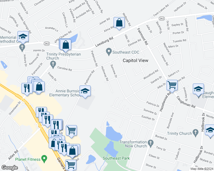 map of restaurants, bars, coffee shops, grocery stores, and more near 7247 Holloway Road in Columbia