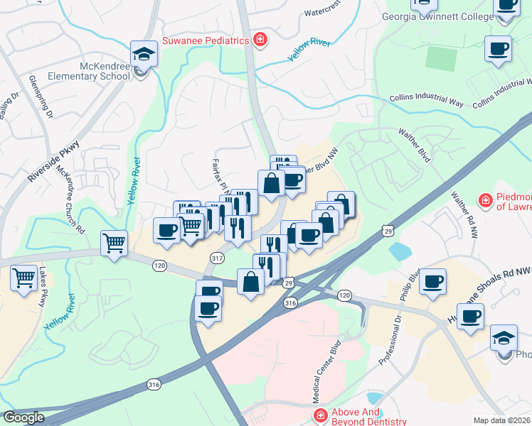 map of restaurants, bars, coffee shops, grocery stores, and more near 870 Lawrenceville-Suwanee Road in Lawrenceville