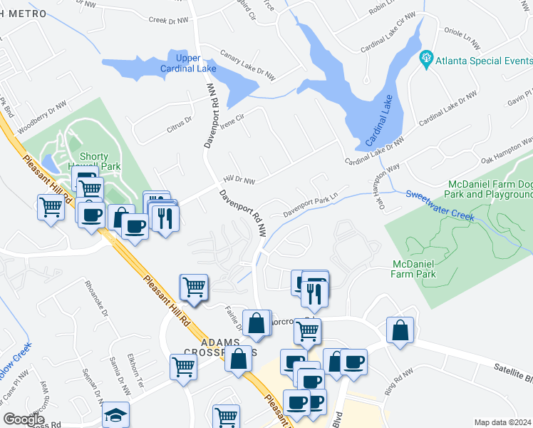 map of restaurants, bars, coffee shops, grocery stores, and more near 3479 Davenport Park Lane in Duluth