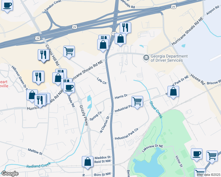 map of restaurants, bars, coffee shops, grocery stores, and more near Highway 124 in Lawrenceville