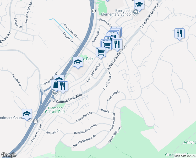 map of restaurants, bars, coffee shops, grocery stores, and more near 2960 Rising Star Drive in Diamond Bar