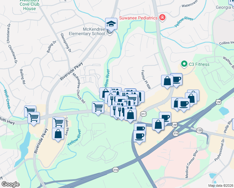map of restaurants, bars, coffee shops, grocery stores, and more near 954 Haley Woods Lane in Lawrenceville