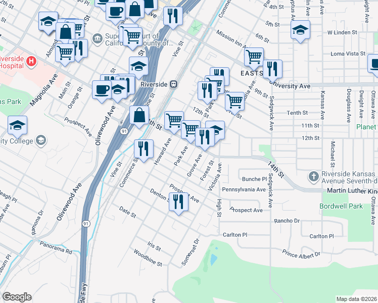 map of restaurants, bars, coffee shops, grocery stores, and more near 4438 Park Avenue in Riverside