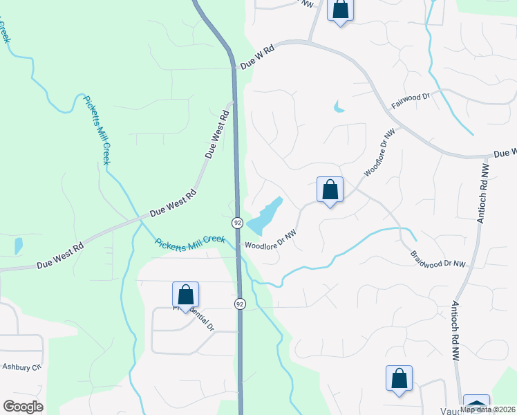 map of restaurants, bars, coffee shops, grocery stores, and more near 510 Woodlore Lane Northwest in Acworth