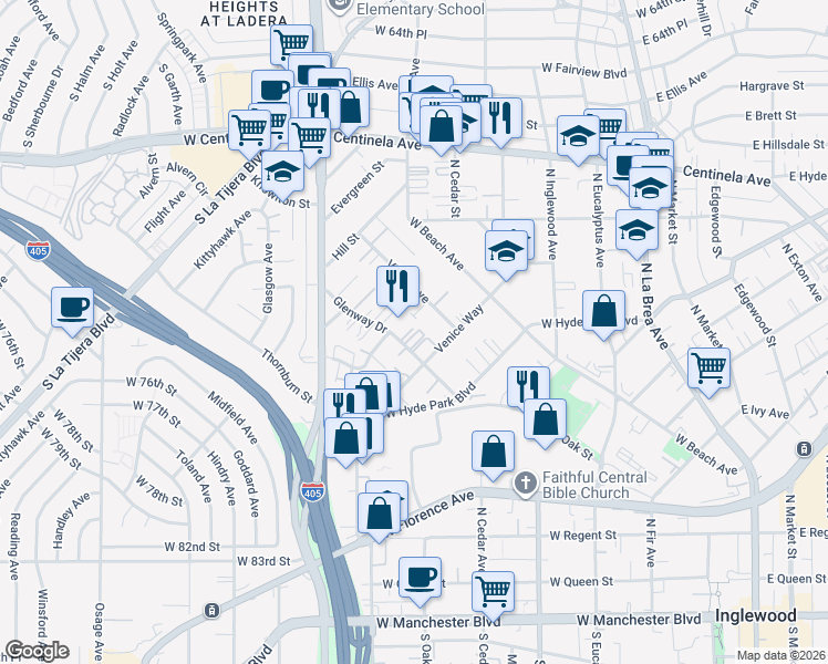 map of restaurants, bars, coffee shops, grocery stores, and more near 821 Glenway Drive in Inglewood