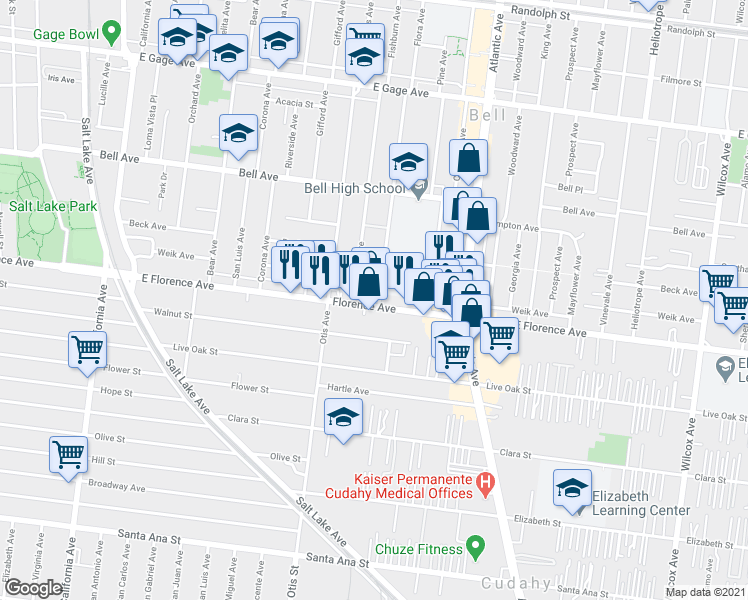 map of restaurants, bars, coffee shops, grocery stores, and more near 4256 Florence Avenue in Bell