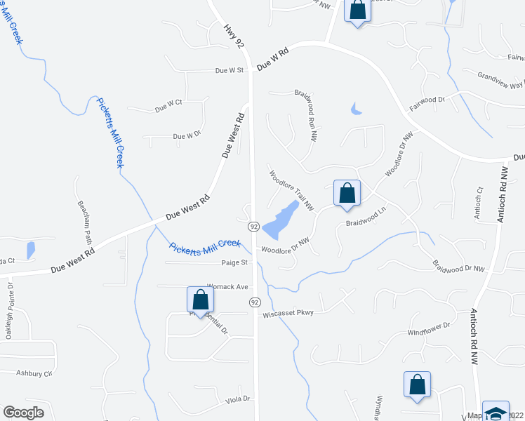 map of restaurants, bars, coffee shops, grocery stores, and more near 503 Woodlore Lane Northwest in Acworth