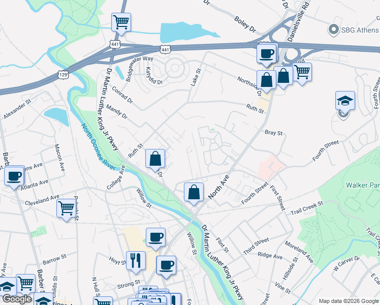 map of restaurants, bars, coffee shops, grocery stores, and more near 184 Marlin Street in Athens