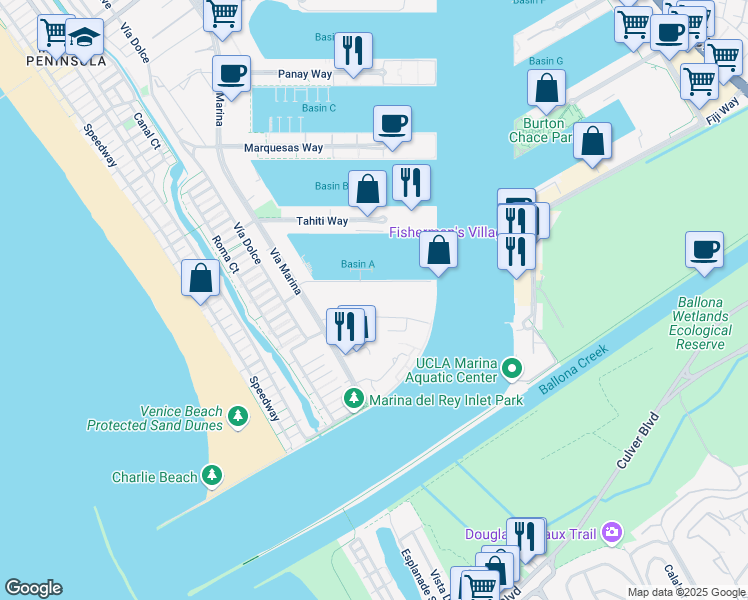 map of restaurants, bars, coffee shops, grocery stores, and more near 13914 Bora Bora Way in Marina del Rey
