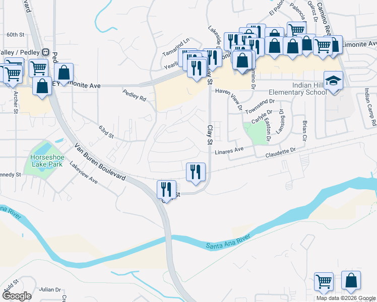 map of restaurants, bars, coffee shops, grocery stores, and more near 8284 Perada Street in Jurupa Valley
