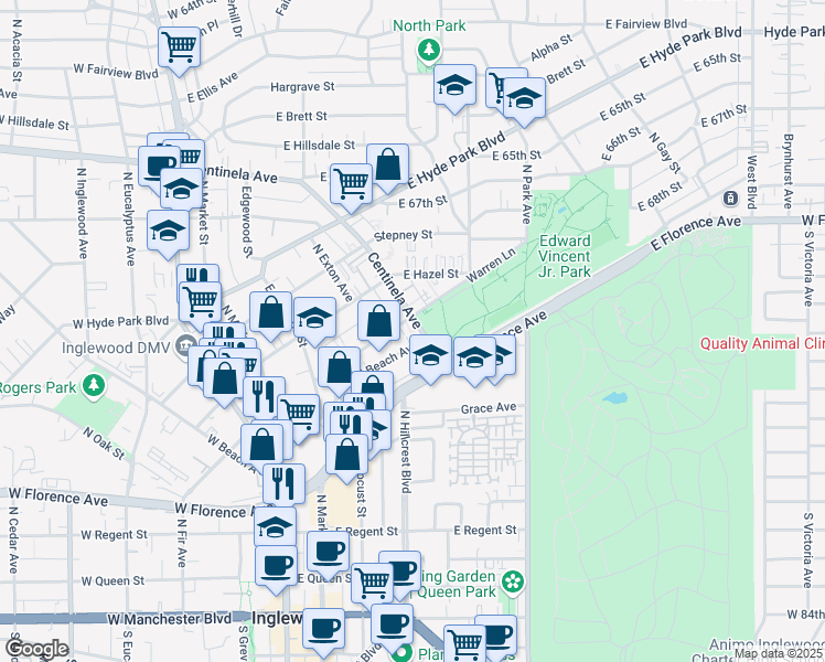 map of restaurants, bars, coffee shops, grocery stores, and more near 335 Centinela Avenue in Inglewood