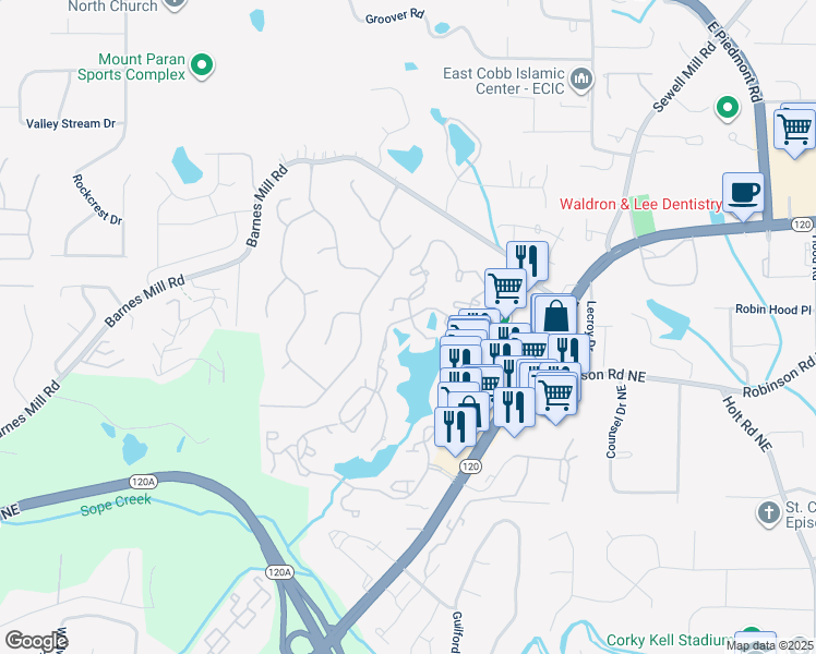 map of restaurants, bars, coffee shops, grocery stores, and more near 2000 East Lake Parkway in Marietta