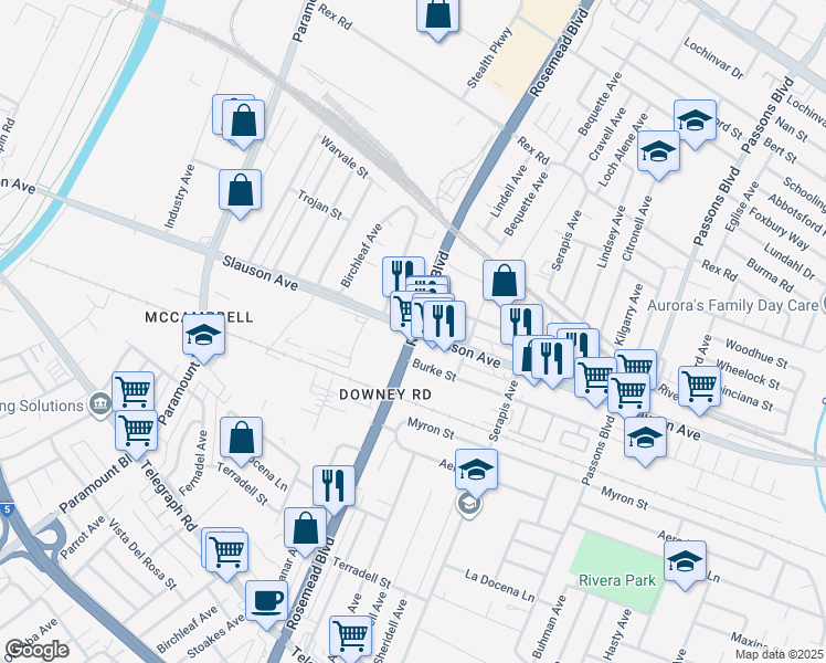 map of restaurants, bars, coffee shops, grocery stores, and more near Rosemead Blvd & E Slauson Ave in Pico Rivera