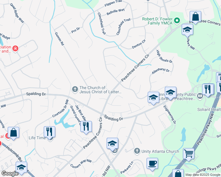 map of restaurants, bars, coffee shops, grocery stores, and more near 3875 Grizzard Trail in Peachtree Corners