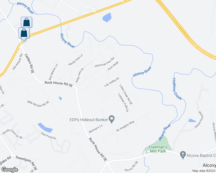 map of restaurants, bars, coffee shops, grocery stores, and more near 2140 Lily Valley Drive in Lawrenceville