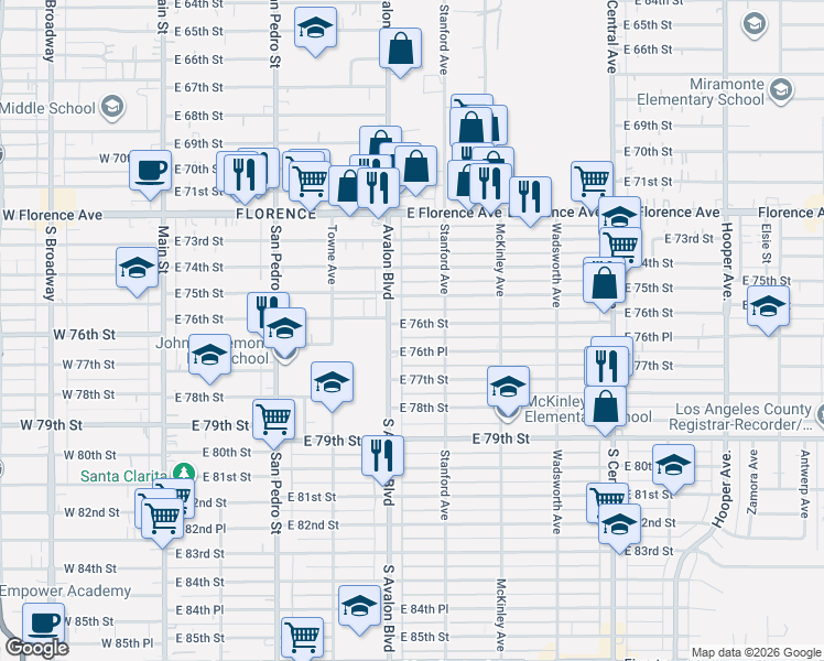 map of restaurants, bars, coffee shops, grocery stores, and more near 620 East 76th Street in Los Angeles