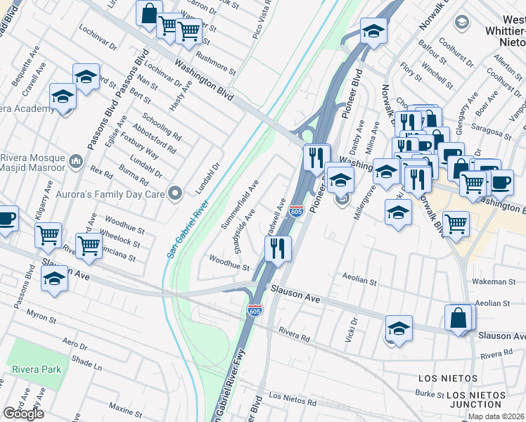 map of restaurants, bars, coffee shops, grocery stores, and more near 10512 Waddell Street in Whittier