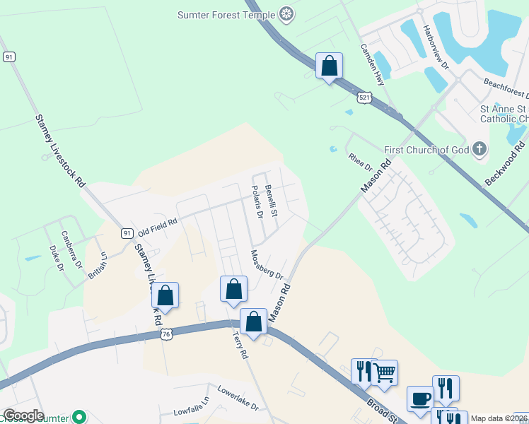 map of restaurants, bars, coffee shops, grocery stores, and more near 1716 Benelli Street in Sumter