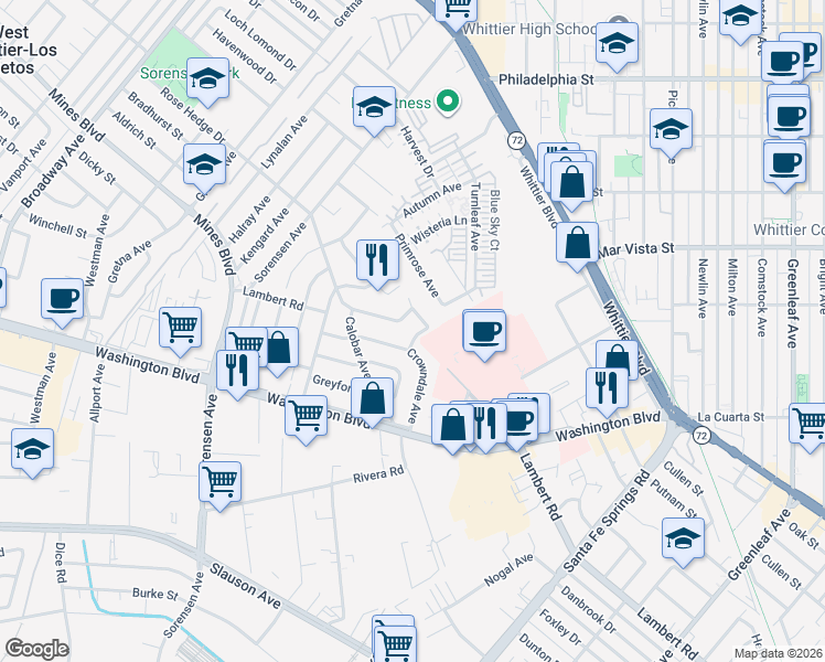 map of restaurants, bars, coffee shops, grocery stores, and more near 7817 Barnum Drive in Whittier