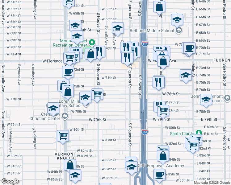 map of restaurants, bars, coffee shops, grocery stores, and more near 538 West 76th Street in Los Angeles