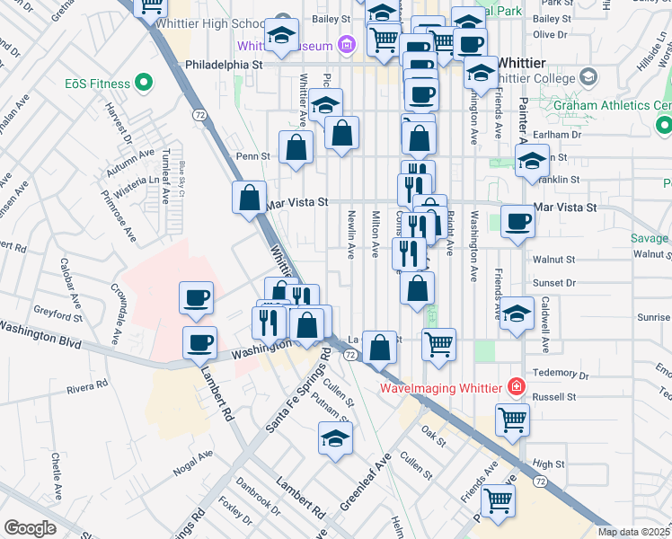 map of restaurants, bars, coffee shops, grocery stores, and more near 7726 Pickering Avenue in Whittier