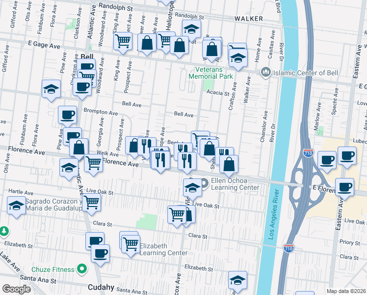 map of restaurants, bars, coffee shops, grocery stores, and more near 4940 Beck Avenue in Bell
