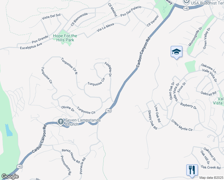 map of restaurants, bars, coffee shops, grocery stores, and more near 15539 Feldspar Drive in Chino Hills