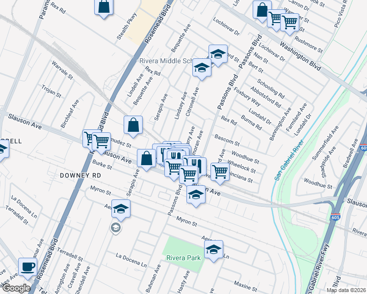 map of restaurants, bars, coffee shops, grocery stores, and more near 7569 Lemoran Avenue in Pico Rivera