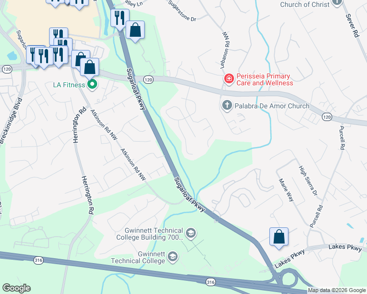 map of restaurants, bars, coffee shops, grocery stores, and more near 1500 Margate Court Northwest in Lawrenceville