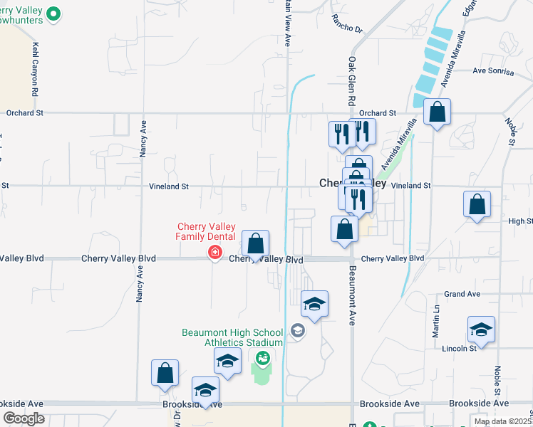 map of restaurants, bars, coffee shops, grocery stores, and more near 41365 Acacia Lane in Cherry Valley