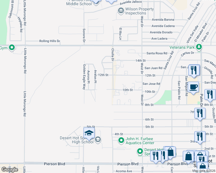 map of restaurants, bars, coffee shops, grocery stores, and more near 65650 10th Street in Desert Hot Springs