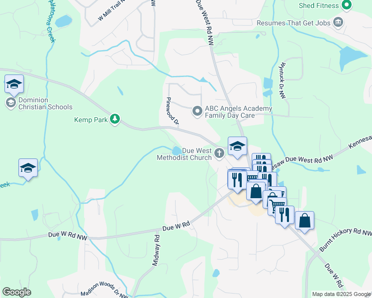 map of restaurants, bars, coffee shops, grocery stores, and more near 4211 Burnt Hickory Road Northwest in Marietta