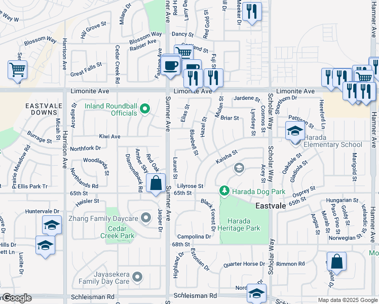 map of restaurants, bars, coffee shops, grocery stores, and more near 13321 Kamelia Street in Corona